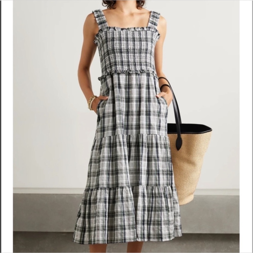 Veronica Beard Ziada Smocked Plaid Midi Dress